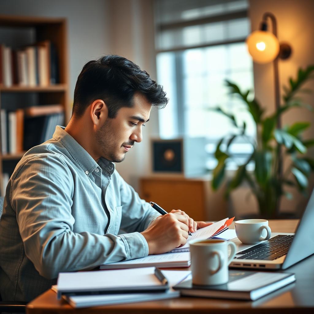 A portrait-style image in a 9:16 aspect ratio featuring a man sitting at his desk, jotting down notes