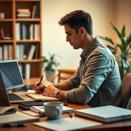 A portrait-style image in a 9:16 aspect ratio featuring a man sitting at his desk, jotting down notes