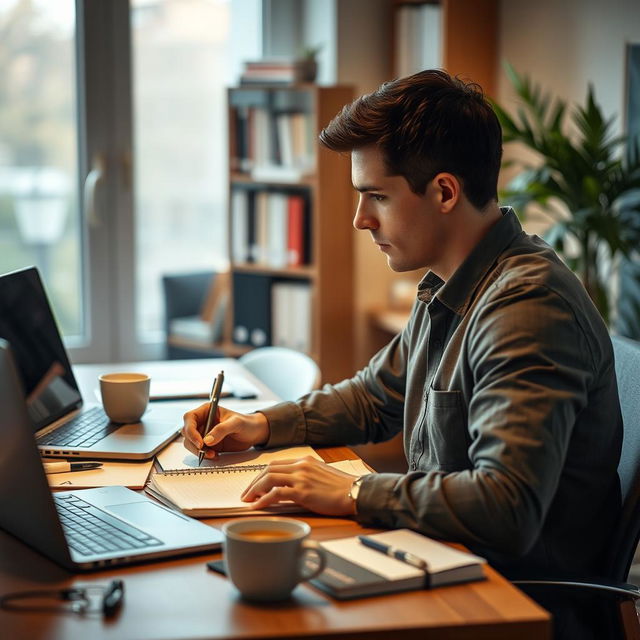 A portrait-style image in a 9:16 aspect ratio featuring a man sitting at his desk, jotting down notes