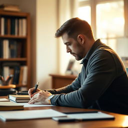 A man sitting at a desk, writing something down, his profile view visible