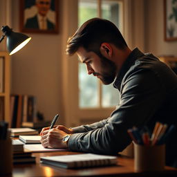 A man sitting at a desk, writing something down, his profile view visible