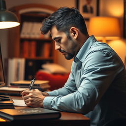 A man sitting at a desk, writing something down, his profile view visible
