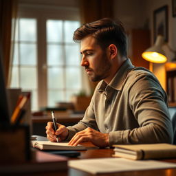 A man sitting at a desk, writing something down, his profile view visible