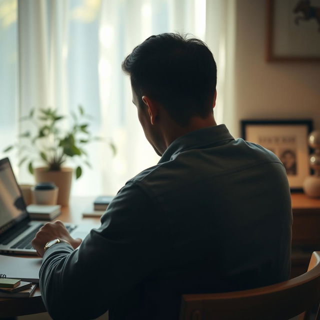 A man sitting at a desk, focusing intently as he writes something down