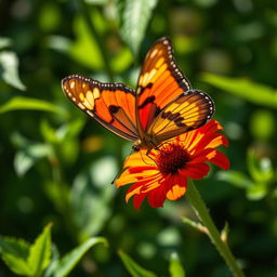 A realistic close-up photograph of a vibrant butterfly perched on a colorful flower in a lush green nature setting