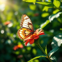 A realistic close-up photograph of a vibrant butterfly perched on a colorful flower in a lush green nature setting