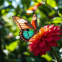 A realistic close-up photograph of a vibrant butterfly perched on a colorful flower in a lush green nature setting