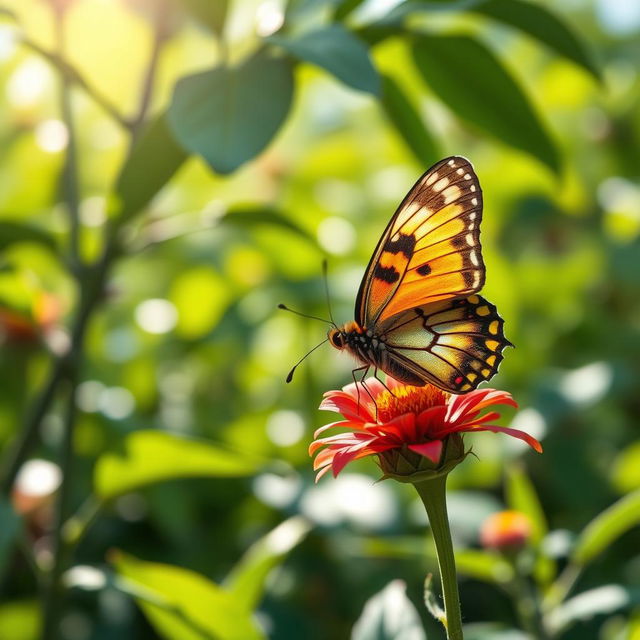 A realistic close-up photograph of a vibrant butterfly perched on a colorful flower in a lush green nature setting