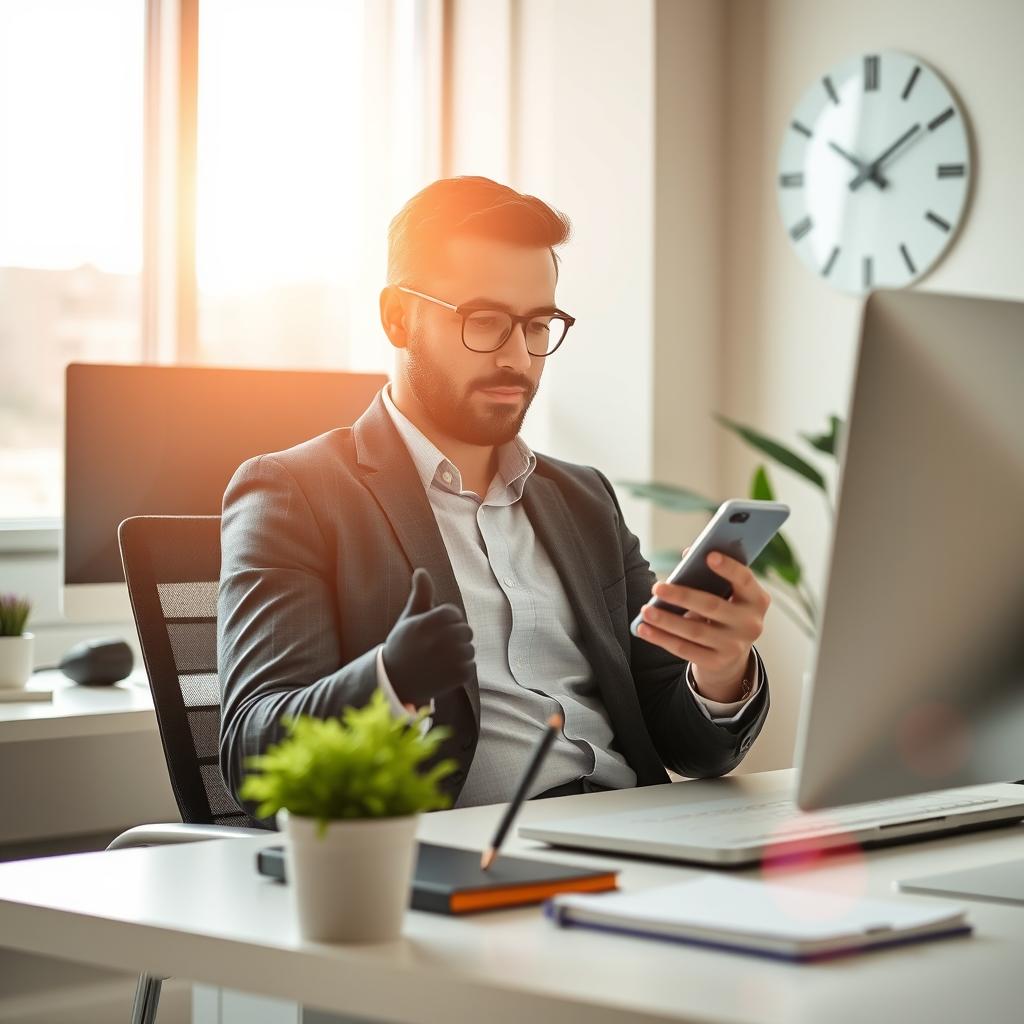 A professional man sitting at a modern office desk, actively working on his smartphone