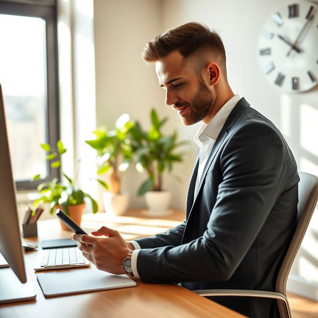 A professional man sitting at a modern office desk, actively working on his smartphone