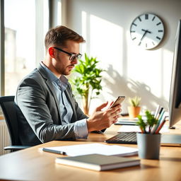 A professional man sitting at a modern office desk, actively working on his smartphone