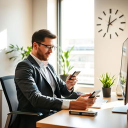 A professional man sitting at a modern office desk, actively working on his smartphone