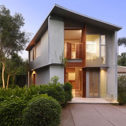 A two-story, minimalist designed house occupying a 40/60 area filled with five bedrooms, three of which are expansive master bedrooms with walk-in-wardrobes, modern bathrooms, a utility space, a sleek kitchen, an office area, each floor showcasing sit-out spaces, surrounded by a lovely garden.