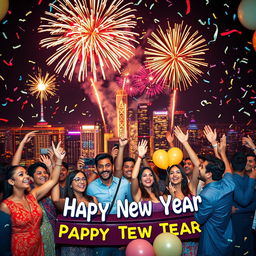 A vibrant celebration of the New Year with fireworks lighting up the night sky, people of various ethnicities joyfully cheering, dressed in colorful party attire, confetti falling all around