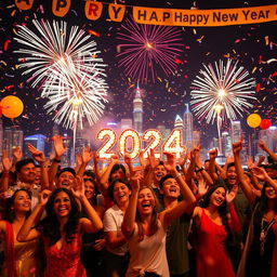 A vibrant celebration of the New Year with fireworks lighting up the night sky, people of various ethnicities joyfully cheering, dressed in colorful party attire, confetti falling all around