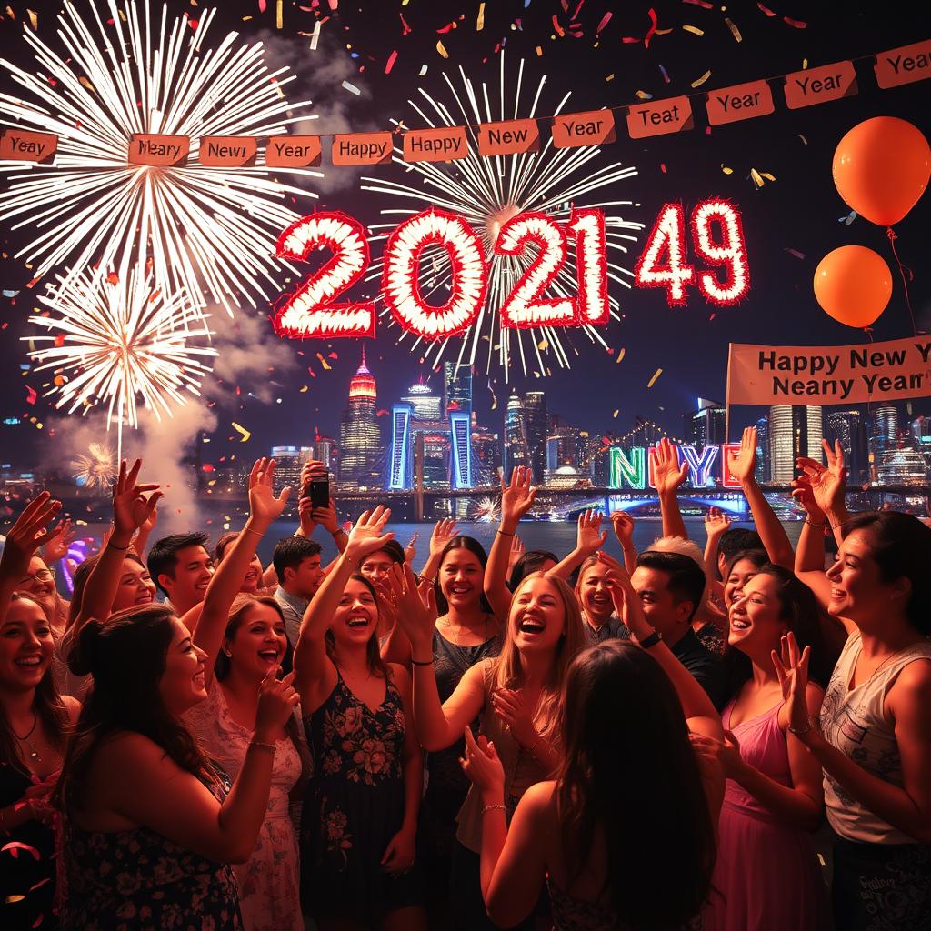 A vibrant celebration of the New Year with fireworks lighting up the night sky, people of various ethnicities joyfully cheering, dressed in colorful party attire, confetti falling all around