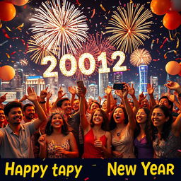A vibrant celebration of the New Year with fireworks lighting up the night sky, people of various ethnicities joyfully cheering, dressed in colorful party attire, confetti falling all around