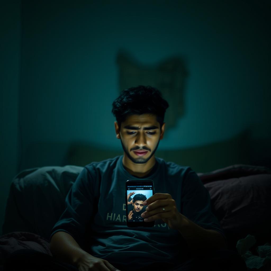 A young man named Asif sits alone in a dimly lit room, looking at his mobile phone, displaying suggestive imagery