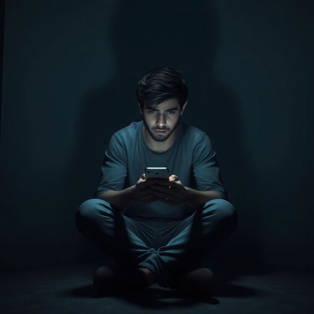 A young man named Asif sitting alone in a dimly lit room, looking at his mobile phone with a distressed expression