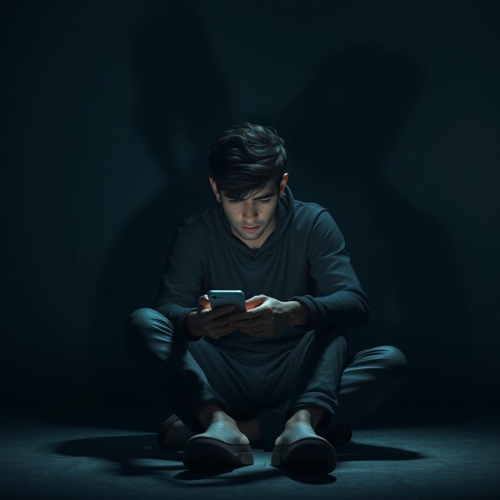 A young man named Asif sitting alone in a dimly lit room, looking at his mobile phone with a distressed expression