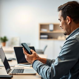 A man sitting at a desk, intently working on his mobile phone from a profile angle