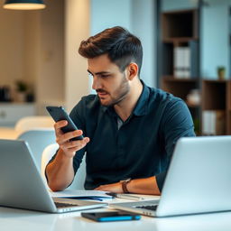 A man sitting at a desk, intently working on his mobile phone from a profile angle