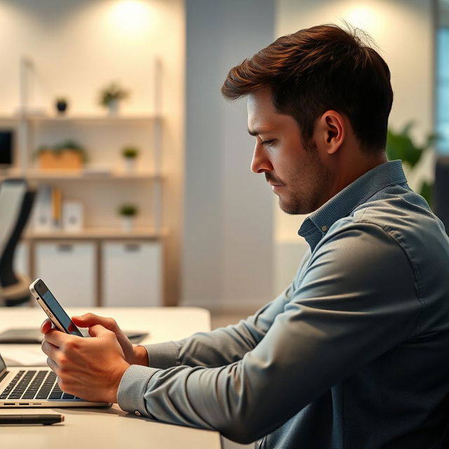 A man sitting at a desk, intently working on his mobile phone from a profile angle