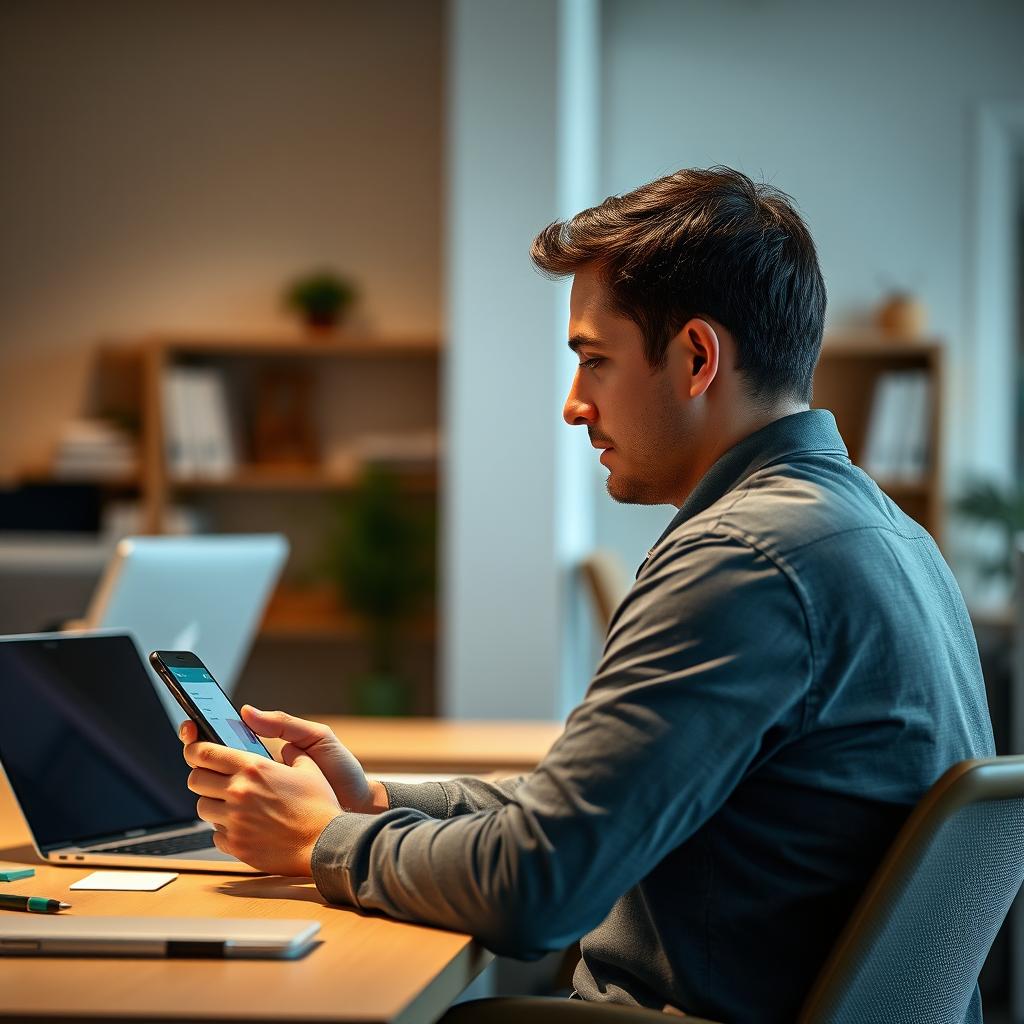 A man sitting at a desk, intently working on his mobile phone from a profile angle