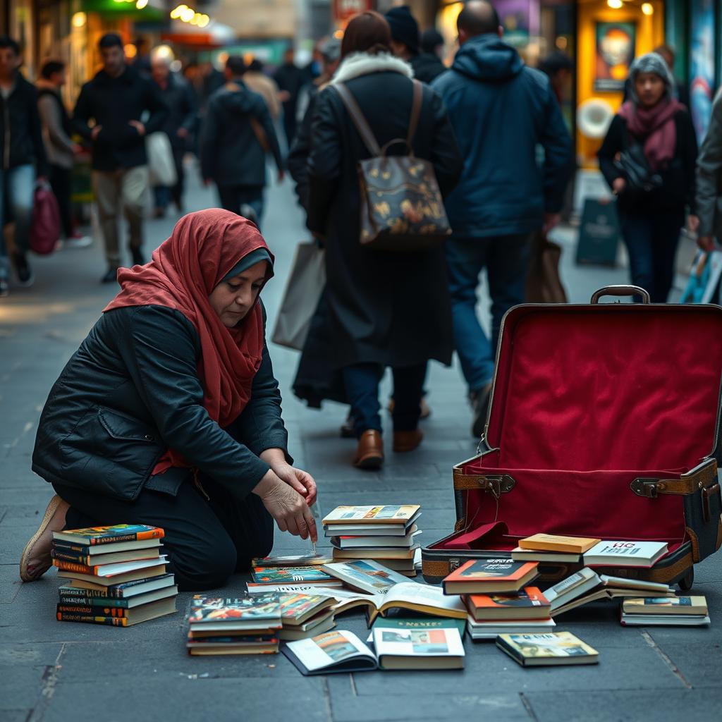 An Iranian woman street vendor arranging books on the ground in a busy pedestrian area