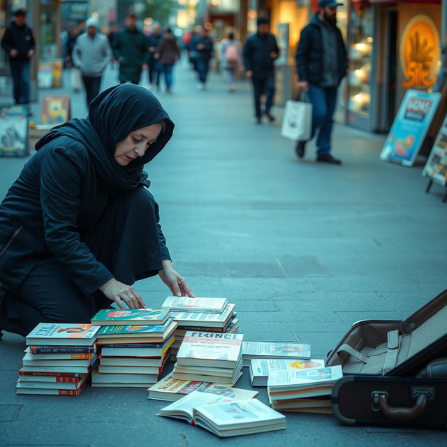 An Iranian woman street vendor arranging books on the ground in a busy pedestrian area