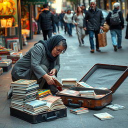 An Iranian woman street vendor arranging books on the ground in a busy pedestrian area