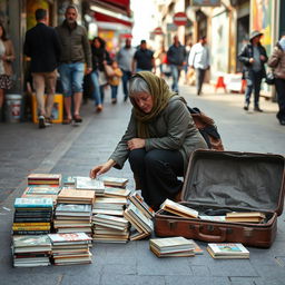 An Iranian woman street vendor arranging books on the ground in a busy pedestrian area
