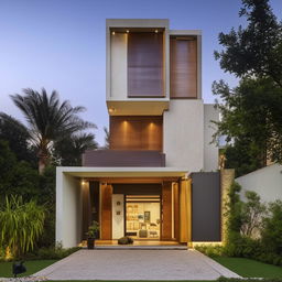 A two-story, minimalist designed house occupying a 40/60 area filled with five bedrooms, three of which are expansive master bedrooms with walk-in-wardrobes, modern bathrooms, a utility space, a sleek kitchen, an office area, each floor showcasing sit-out spaces, surrounded by a lovely garden.