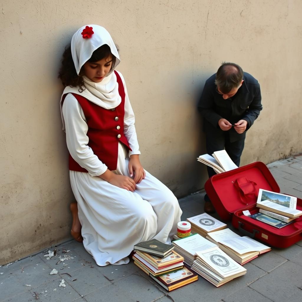 A young Iranian girl as a street vendor setting up her books on the ground beside a wall