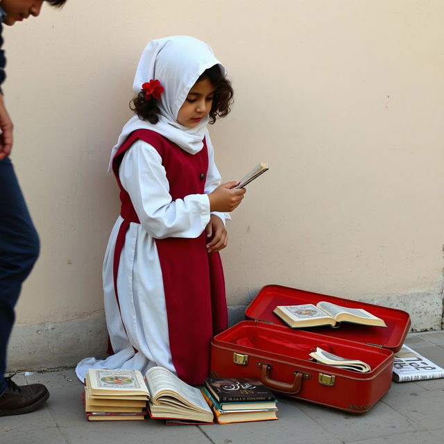 A young Iranian girl as a street vendor setting up her books on the ground beside a wall