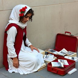 A young Iranian girl as a street vendor setting up her books on the ground beside a wall