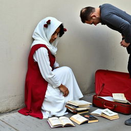 A young Iranian girl as a street vendor setting up her books on the ground beside a wall