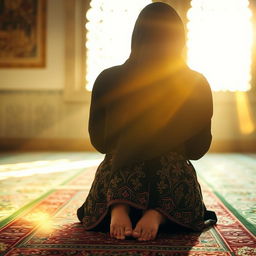 A Muslim woman in a prayer position (sujud), captured from a back view, showcasing her feet gently visible on a beautiful prayer mat