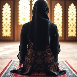 A Muslim woman in a prayer position (sujud), captured from a back view, showcasing her feet gently visible on a beautiful prayer mat