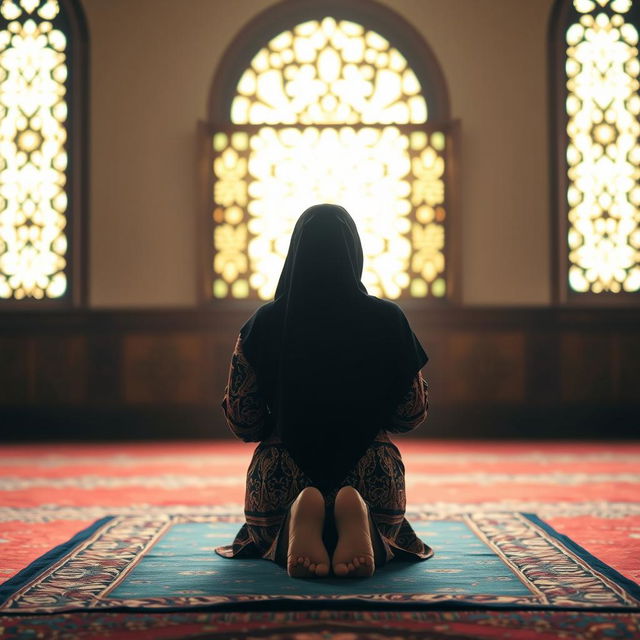 A Muslim woman in a prayer position (sujud), captured from a back view, showcasing her feet gently visible on a beautiful prayer mat