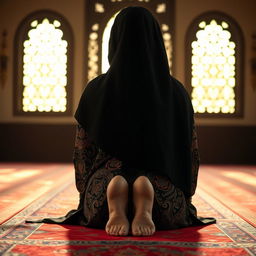 A Muslim woman in a prayer position (sujud), captured from a back view, showcasing her feet gently visible on a beautiful prayer mat