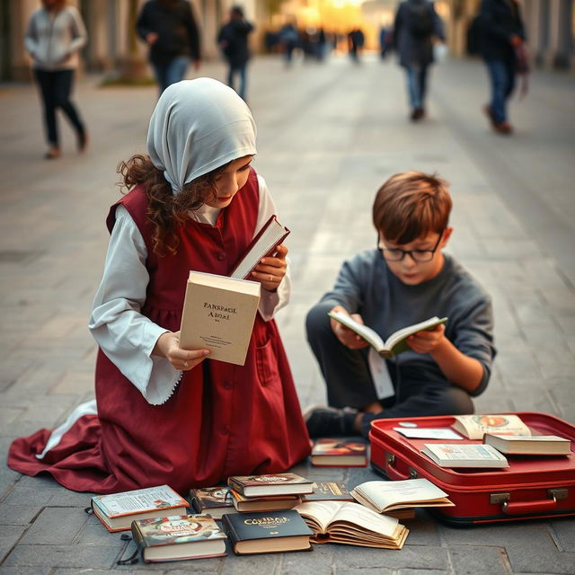 A young Iranian street vendor girl arranging books on the ground in a pedestrian area