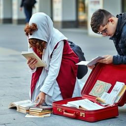A young Iranian street vendor girl arranging books on the ground in a pedestrian area
