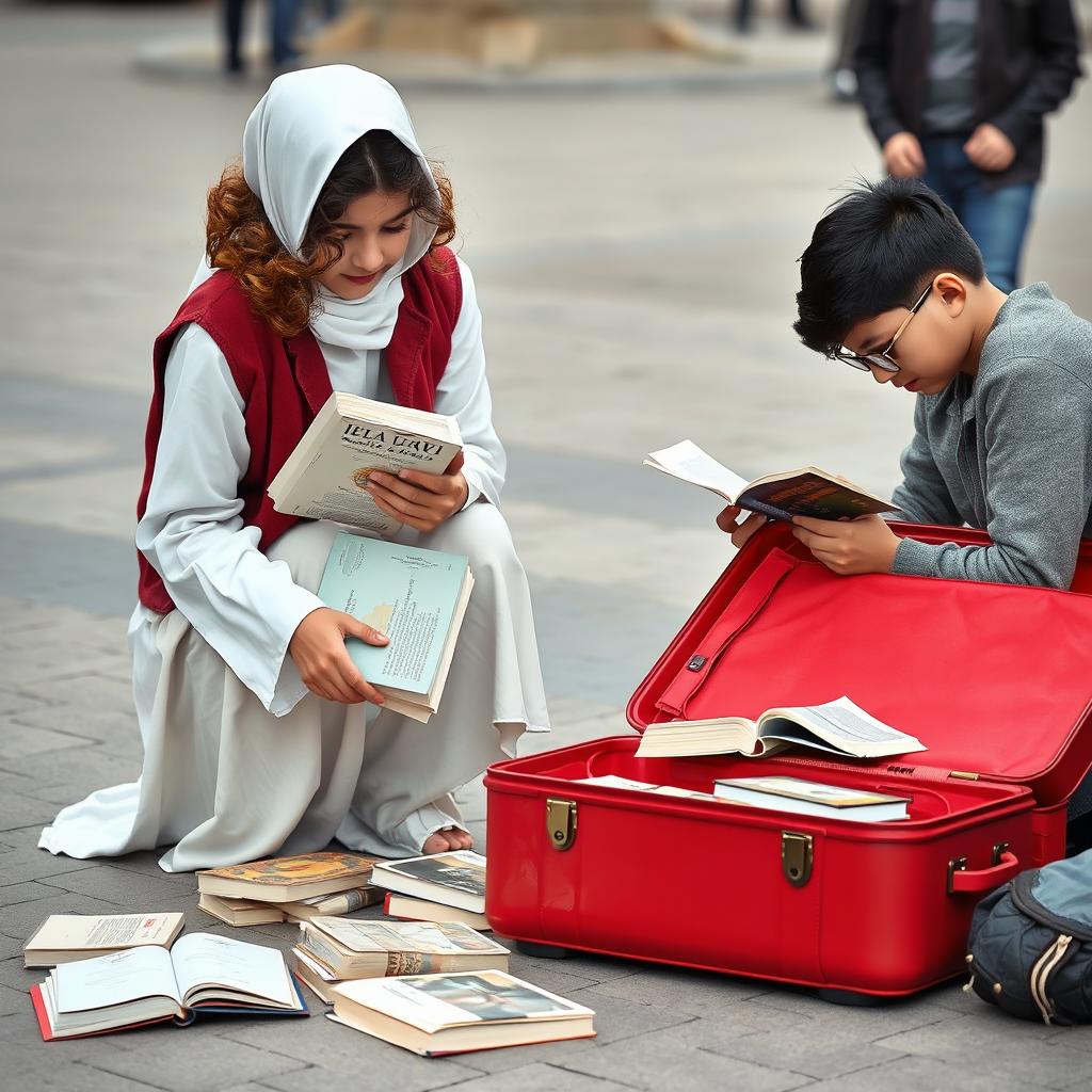 A young Iranian street vendor girl arranging books on the ground in a pedestrian area