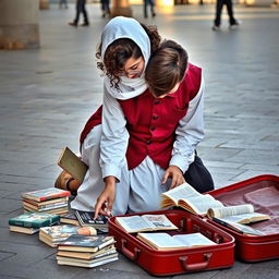 A young Iranian street vendor girl arranging books on the ground in a pedestrian area