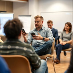 A man sitting on a chair in a room, actively engaged in a question and answer session while working on his mobile phone