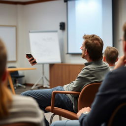 A man sitting on a chair in a room, actively engaged in a question and answer session while working on his mobile phone