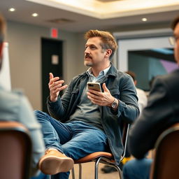 A man sitting on a chair in a room, actively engaged in a question and answer session while working on his mobile phone