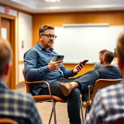 A man sitting on a chair in a room, actively engaged in a question and answer session while working on his mobile phone