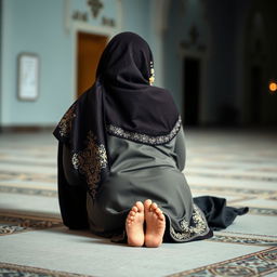 A Muslim woman in prayer, wearing a beautifully decorated hijab and traditional attire, depicted in the prostration position (sujud) during a quiet moment of worship